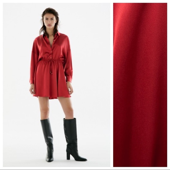🌹NWT. Zara Dark Pink/Red Satin Shirt Mini Dress with V-neck. Size L. - Picture 1 of 10